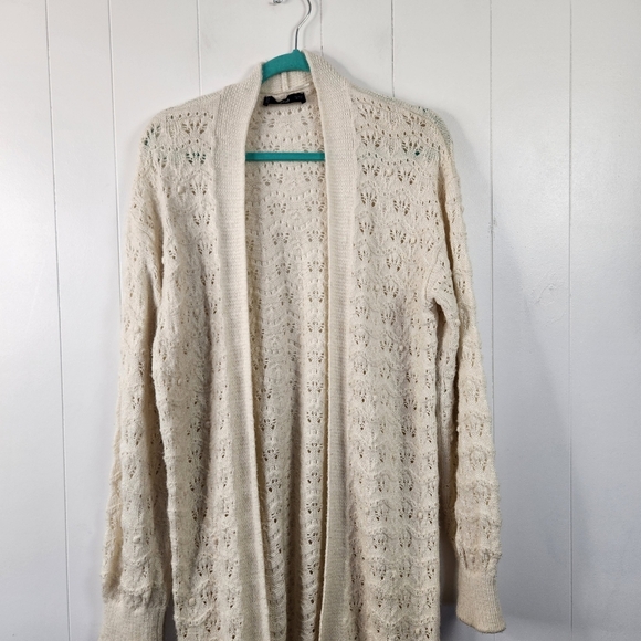 Mango Open Front Weave Beige Maxi Duster Sweater Long Knit Soft Womens Small - Picture 8 of 13